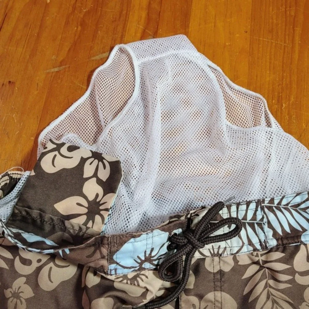 Joe Boxer Men's Hawaiian Floral Swim Trunks Shorts L G Brown Blue pool‎ beach